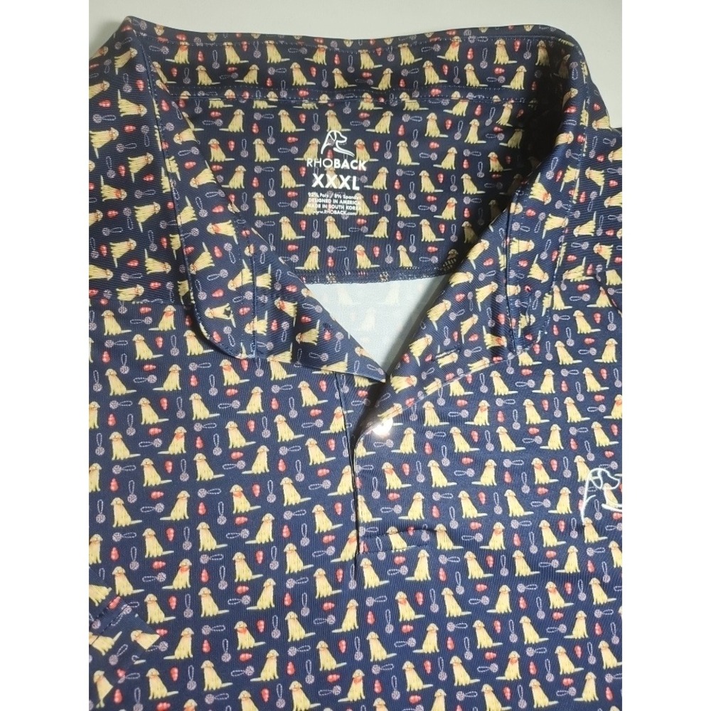 Rhoback Mens XXXL Golden Retriever Dog Print Performance Polo Shirt Navy Blue